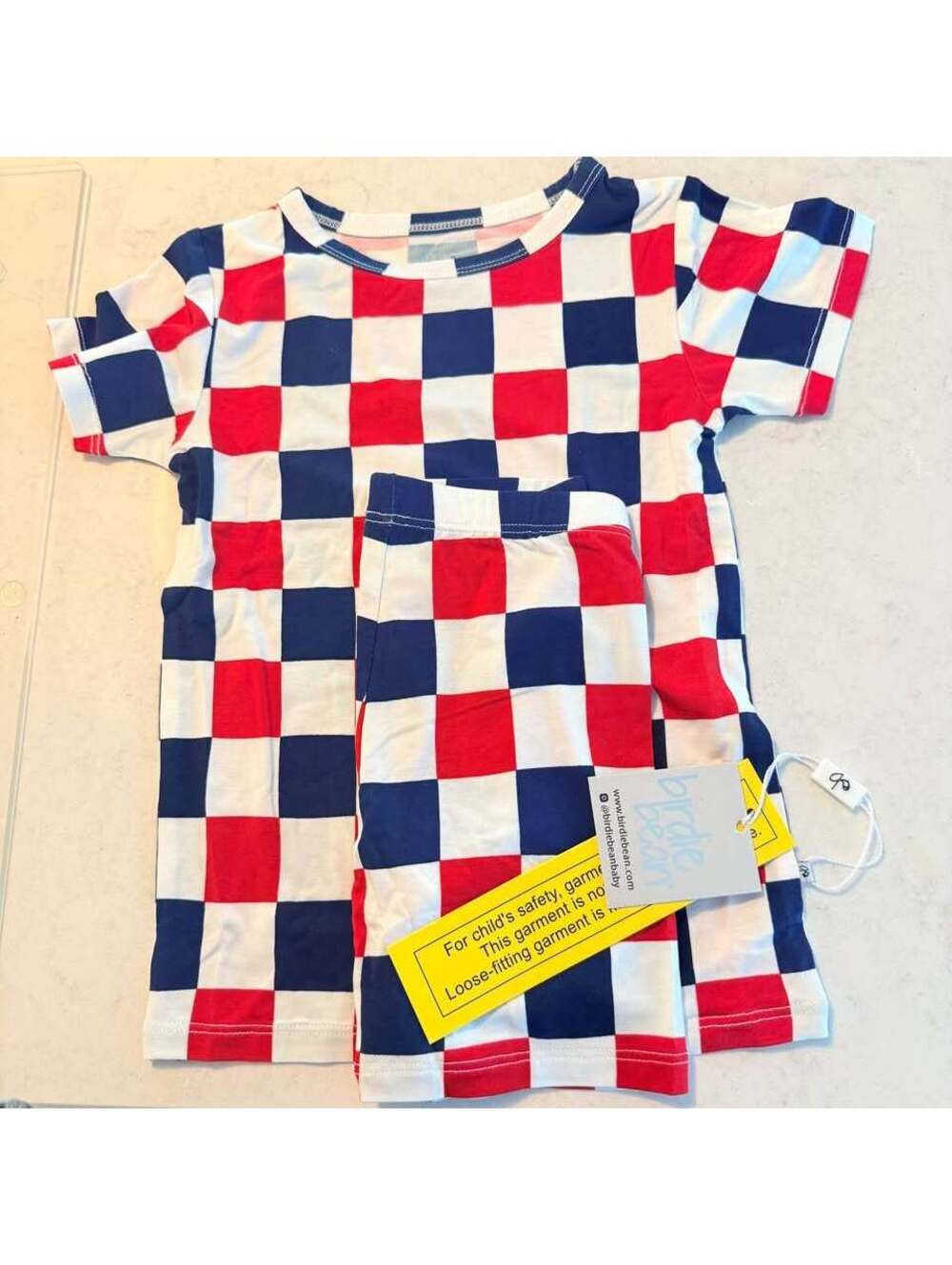 Red white blue birdie bean checkered bamboo short sleeve shorts pajamas 5t